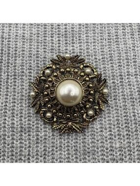 Vintage Gold Tone Faux Pearl Ornate Floral Brooch Statement Pin